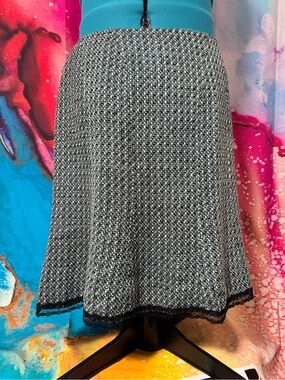 Worthington Black, Blue & White Knit A-Line Skirt with Black Lace Hem